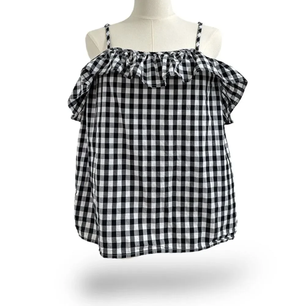 A New Day Cute Off-the-Shoulder Black/White Gingham Ruffle Top Wm Sz XL EUC
